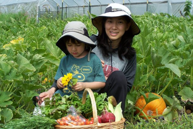 Mother and son sitting in pumkin patch with harvest basket